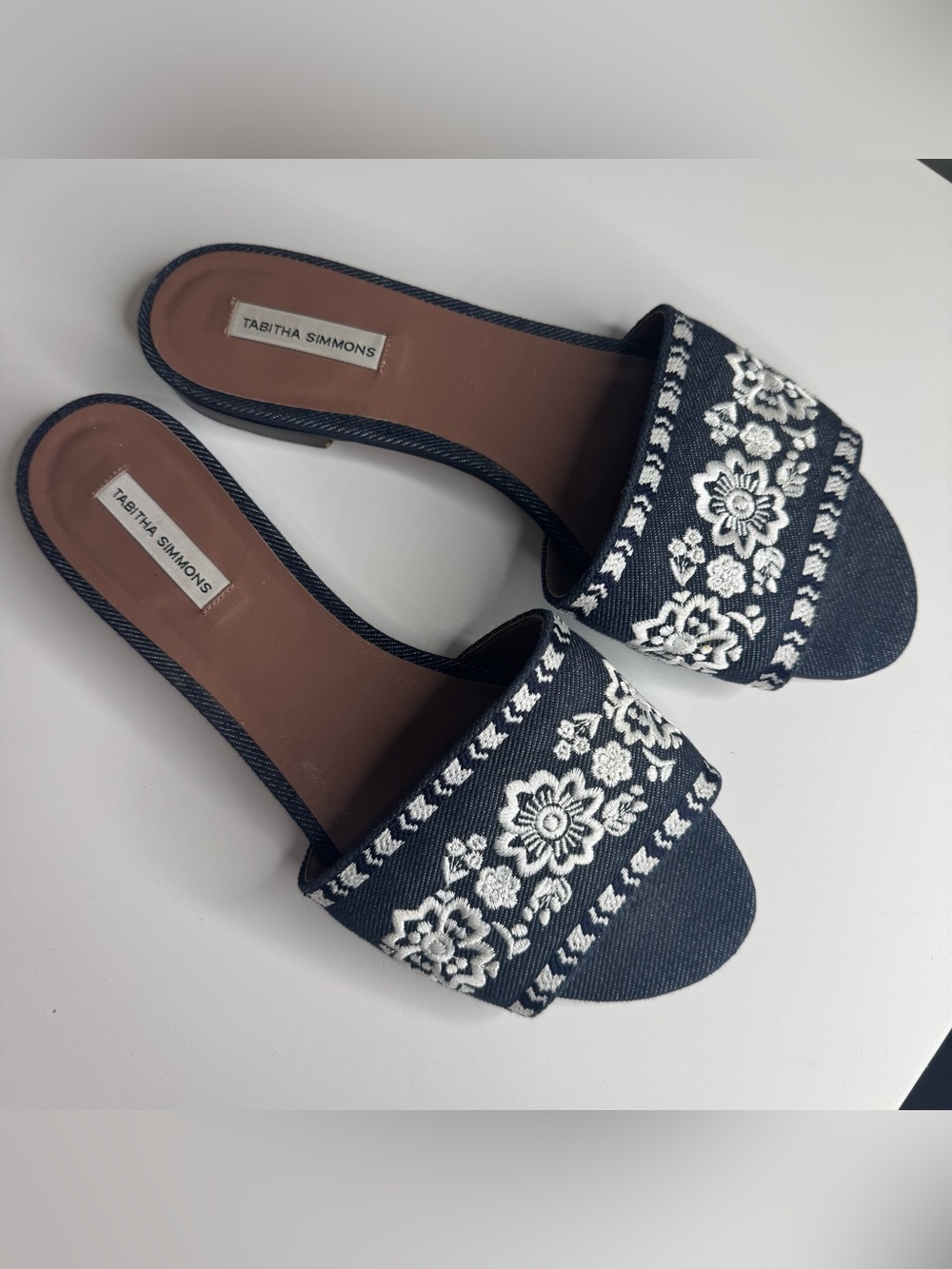 Tabitha Simmons Dark Wash Denim Floral Embroidered Flat Slip On Sandals 38